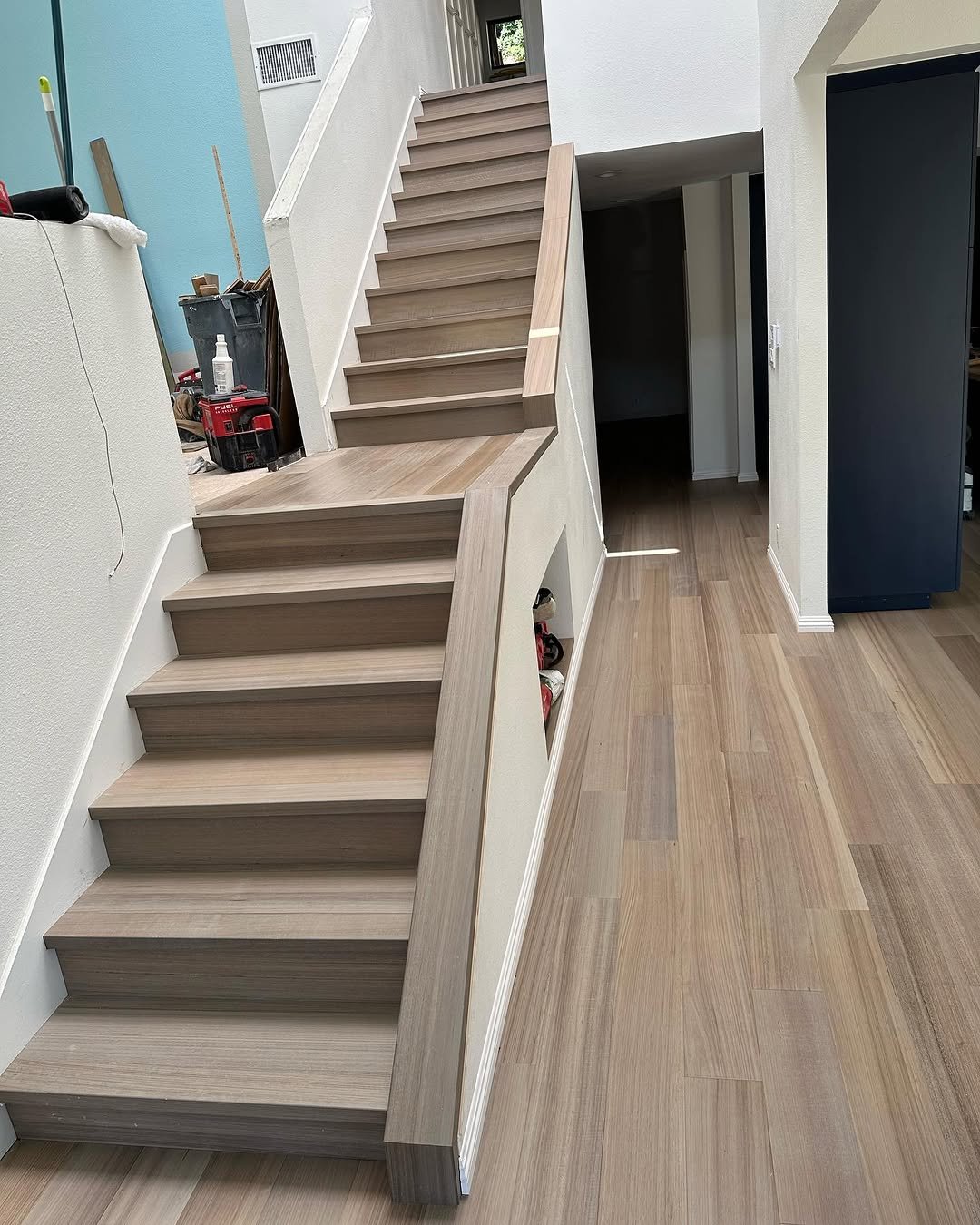 Laminate stair installation with modern finish